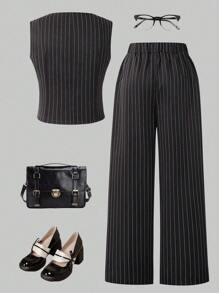 SHEIN 2pcs Set Teenage Elegant Dinner Striped Vest + Suit Pants