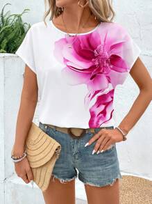 EMERY ROSE 复古水彩花卉休闲简约女士圆领衬衫，适合夏季 - 彩色 - 查看 4