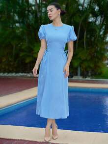 Andrea Bello 2025 Summer Wedding French Blue Regular Shoulder Puff Sleeve Ruched Waist Tie Side Fitted Elegant Romantic Vacation Dress
