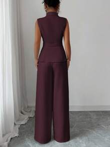 Elenzga Conjunto de oficina elegante para ir al trabajo y tomar el té de la tarde, compuesto por una chaqueta blazer sin mangas con cuello y bajo asimétrico, con decoración de hebilla metálica en la cintura, combinada con pantalones de cintura elástica, conjunto de 2 piezas, para primavera/verano