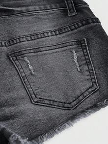 ROMWE Grunge Punk Y2K Baddie 4th Of July Distressed Vintage Wash Ultra Low Rise Denim Shorts With Rhinestone American Flag - Black - View 4