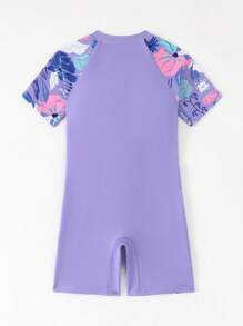 青少年女孩度假休闲印花拉链连体泳衣 - 紫色 - 查看 2