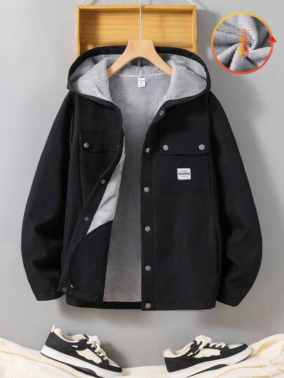 SHEIN 青少年男童实用口袋修身保暖夹克，休闲学院风，舒适时尚，百搭实用，面料柔软，适合日常穿着、上学、旅行、户外活动、秋冬季穿着。