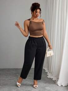 Elenzga Plus Size Women Frill Trim Waist Pocket Wide Leg Loose Casual Jeans - Black - View 4