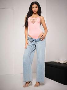 SHEIN Women's Sexy Hollow Heart Camisole Bodysuit For Daily Wear - Pink - View 2