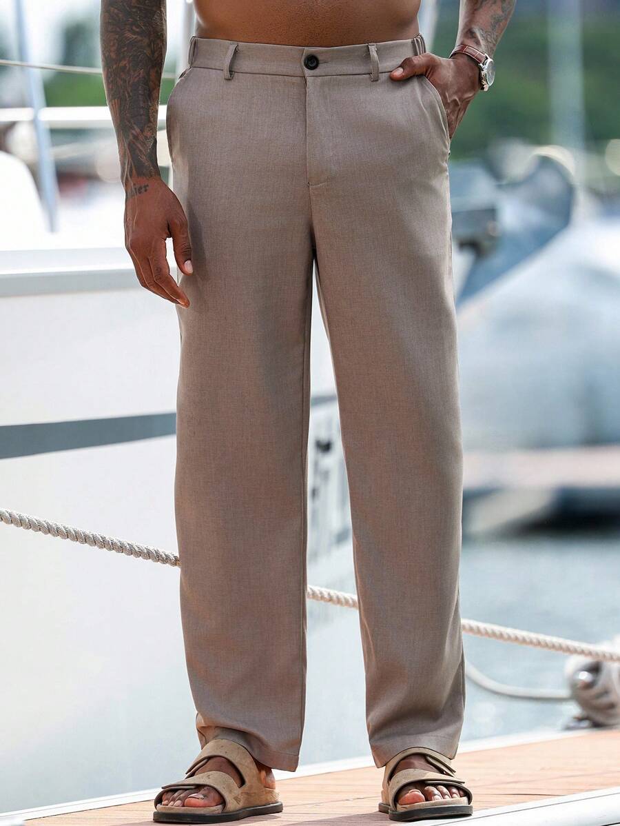 Manfinity Homme Men's Casual Versatile Solid Color Summer Pants , Breathable Slacks For Men Khaki Dress Suit Waistband Pants Men For Summer Holiday, Fall