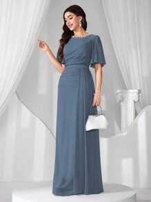 Coutiva Luxury Evening Gown, Ballroom Dress With Faux Pearl Collar, High-End Elegant Lady Chic Exquisite Dress - Dusty Blue - View 5