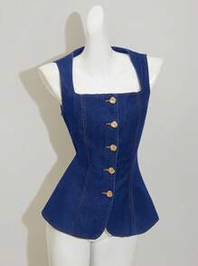 SHEIN MOD 女式休闲前扣无袖牛仔衬衫，夏季 - 中等水洗藍 - 查看 5