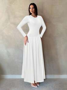 SHEIN Tall فستان كاجوال صيفي بأكمام طويلة مزين بلمسات مختلفة الألوان وياقة مستديرة وأكمام راجلان - أبيض - مشاهدة 3