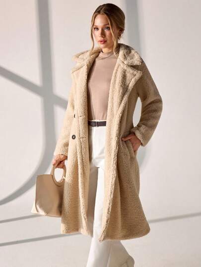 CLARA VERO Long Double-Breasted Teddy Coat, Beige Faux Shearling, Beige Teddy Bear Coat, Cozy Longline Winter Style, Faux Shearling Long Coat, Soft & Warm Double-Breasted Design, Oversized Beige Teddy Coat, Fluffy Winter Coat