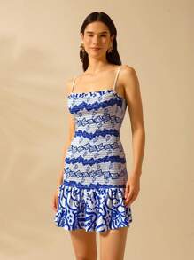 CAJUNI Women's Summer Fashionable Printed Frill Edge Camisole Short Dress - Green - View 5