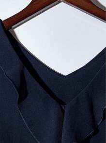 GlowEve 女式纯色V领荷叶边休闲夏季衬衫 - 藏蓝色 - 查看 3