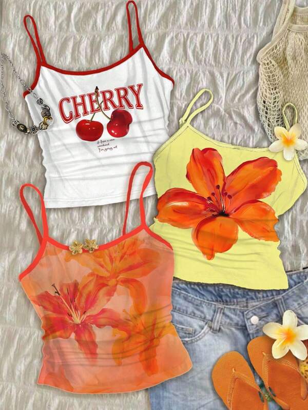 SHEIN Ensemble de 3 pièces pour préado filles et hauts de style décontracté en maille avec imprimé floral tropical de cerise, d'orange et d'hibiscus. Collection de vêtements cool pour les sorties en famille, la saison des vacances, le mode plage, les accessoires de vacances, maillots de bain pour enfants