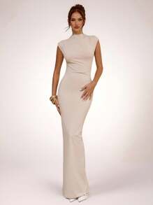 SHEIN BAE Apricot Asymmetric Ruched Bodycon Dress, Elegant Basic Minimalist Long Dress, Spring/Summer,Fall Wedding Guest Dress