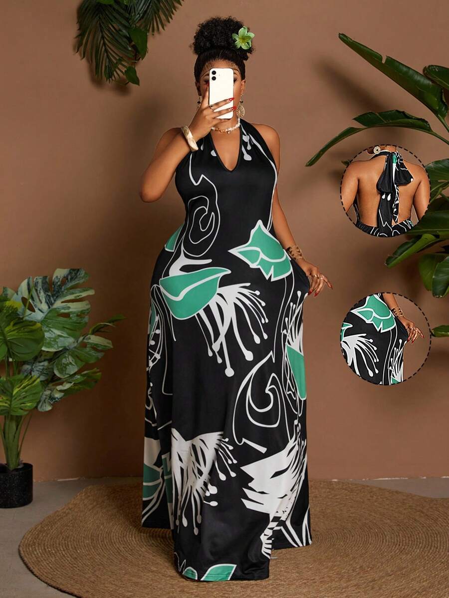 Maweii Plus Size V-Neck Sleeveless Printed Casual Commuting Holiday Dress, Summer - Multicolor - View 1