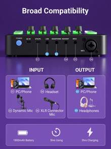 Teckwe Gaming Audio Mixer Rechargeable Audio Interface RGB PC Mixer With XLR Microphone Interface,Individual Control Volume Fader Mute Button,48V Phantom Power For Podcast/Recording - Black - View 7
