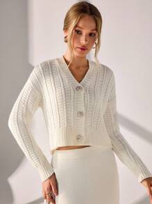 CLARA VERO Chunky Textured Knit V-Neck Button-Up Cardigan With Ribbed Hem And Cuffs In Cream White,Cardigans For Women,Long Cardigans Woman,Petite Cardigans,Cardigans - Apricot - View 1