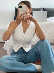 Siren Gaze 女士纯色荷叶边扭纹单排V领休闲背心，开襟纽扣无袖纹理横条纹优雅上衣，收腰修身款，通勤简约办公室复古风，简约女式上衣，适合春、夏、秋季穿着。 - 杏色 - 查看 4