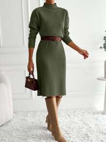 EURMUSE Women's Casual Commuter Solid Color Stand Collar Knit Dress - Army Green - View 3