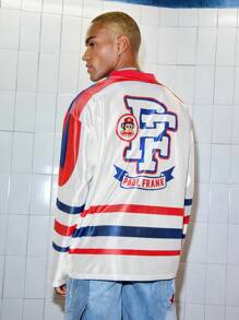ROMWE MEN Paul Frank X ROMWE 男士卡通条纹撞色V领T恤，秋季长袖上衣 - 白色 - 查看 3