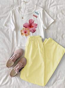 SHEIN 2 件套青少年女孩休闲花卉印花 T 恤和条纹裤，夏季 - 彩色 - 查看 1
