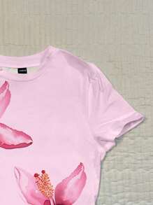 Attitoon T-shirt ajusté à col rond et manches courtes pour femmes, motif floral rose, convient pour l'été - Blanc - Voir 4