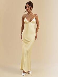 SHEIN BAE 杏色和白色深V领细肩带超长露背系带缎面美人鱼连衣裙，优雅连衣裙，度假连衣裙，伴娘连衣裙，生日派对连衣裙，毕业礼服，白色连衣裙 - 黃色 - 查看 4