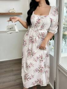 Modelyn Plus Size Women Elegant Tie-Up Waist Printed Long Dress - Beige - View 1