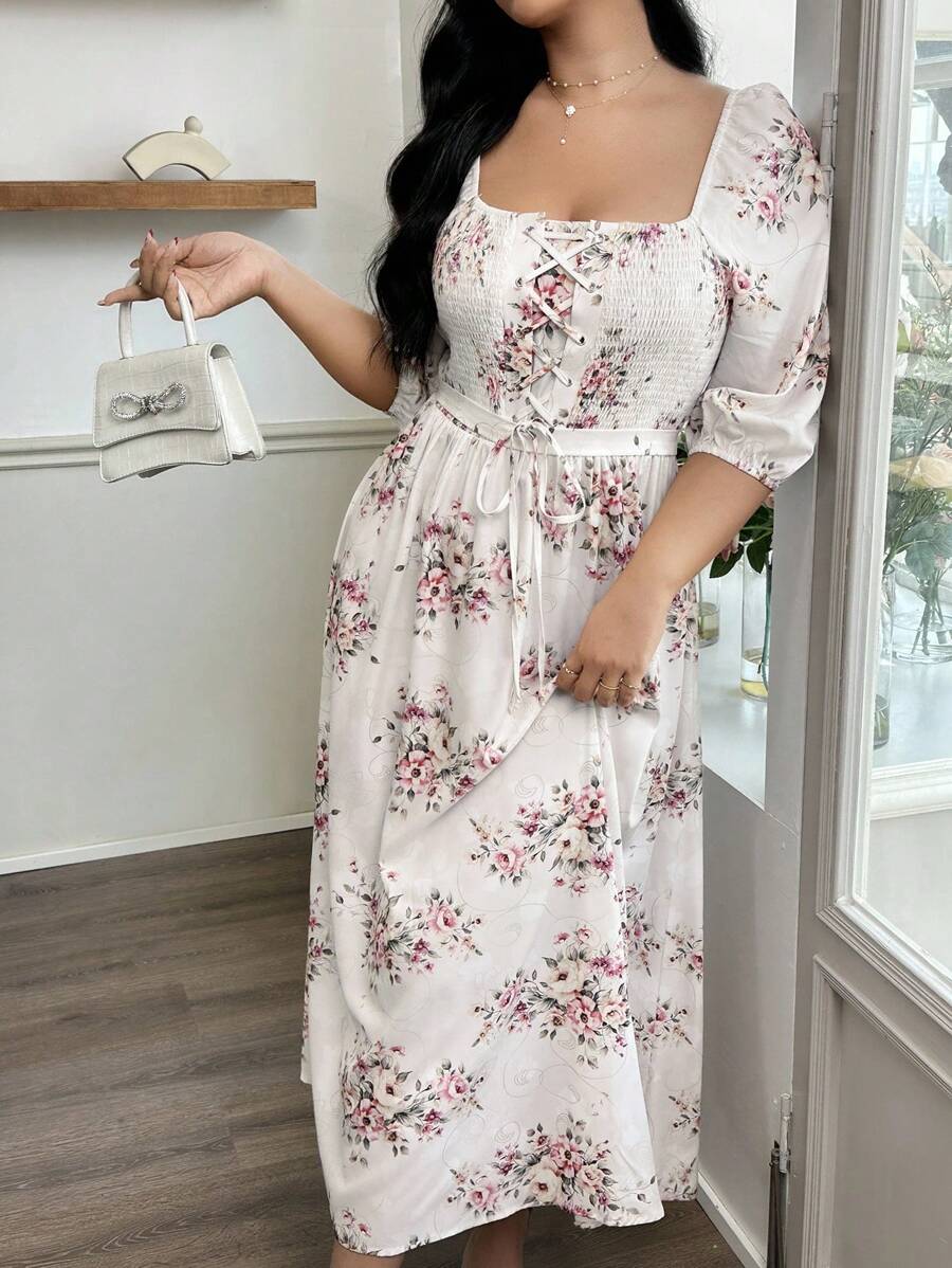 Modelyn Plus Size Women Elegant Tie-Up Waist Printed Long Dress - Beige - View 1