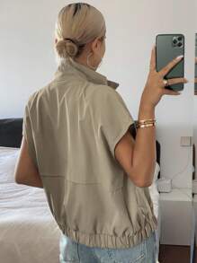 DAZY Women's Sleeveless Casual Stand Collar Zip Up Jacket Thin Outerwear Vest - Khaki - View 4