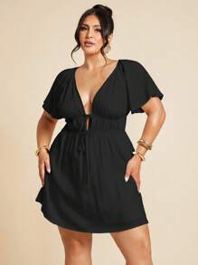 SHEIN BAE Plus Size Women's V-Neck Ruched Tie Linen Short Sleeve White Elegant Dress, Casual Everyday Dress, Mini Dress, Fashion Daily Wear/ Black Vacation Dress/ Flutter Sleeve Dress/ Black Mini Dress/ Plus Size Black Dress