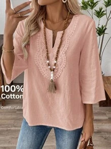 EMERY ROSE 大码女式休闲宽松简约粉色缺口衬衫，适合日常穿着波西米亚风衬衫 V 领女式衬衫秋季女式乡村音乐会、外出上衣