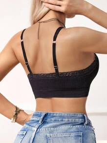 SHEIN Elegant Black Lace Backless Bralette For Women With Knitted Fabric And Comfortable Fit Lace Bralette Bralettes For Women Lace Bra Top Bralette Top Lace Trim Bralette - Black - View 2