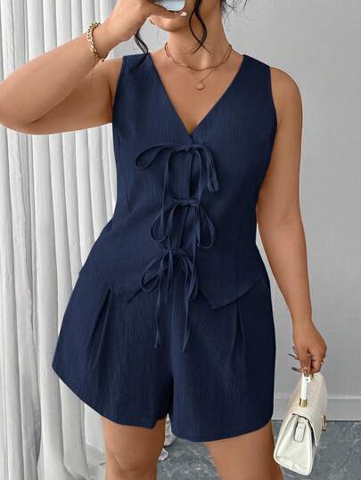 SHEIN Clasi Plus Size Casual Solid Color Tie Front Sleeveless Top And Shorts 2 Pieces Set Plus Size Romper Navy Blue Romper Romper Plus Size Women Short Jumpsuits For Women Curve Romper