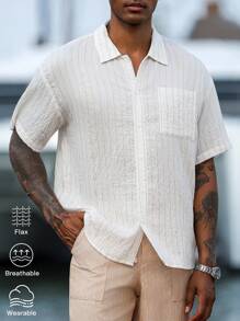 Manfinity Homme Men's Casual Striped Front Button Short Sleeve Shirt, Off-White Summer Breathable Linen Shirt With Pocket Design, Vacation Holiday Beach Shirt - White - View 5