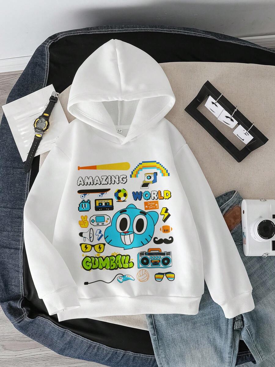 GUMBALL X SHEIN 青少年男孩休闲长袖连帽运动衫，适合秋冬季 - 白色 - 查看 1