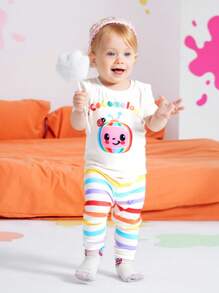 CoComelon X SHEIN Ensemble pyjama bébé fille avec Top et pantalon extensibles à motif de dessin animé mignon