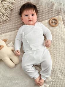 SHEIN 6pcs Newborn Solid Color Long Sleeve Top And Pants Set, Fashionable For Summer Fall Winter