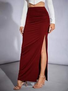 SHEIN Tall 褶饰开叉大腿派对女式黑色半身裙