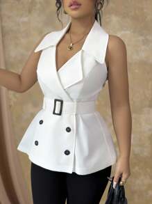 Roveilla 大码女式优雅休闲性感办公室浪漫度假纯色西装外套领撞色扣腰带双排扣无袖衬衫，春夏 - 白色 - 查看 4
