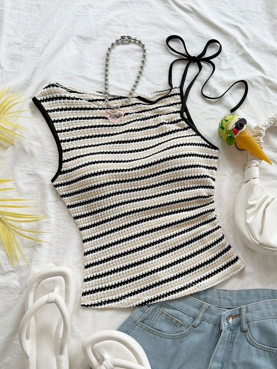 Soleia Women's Vacation Colorblock Striped Knit Asymmetric Neck Fitted Top, Suitable For Party, Christmas, Date, Beach, Cruise, Afternoon Tea, Bohemian, Boho, Romantic Floral Striped Tank Top Summer Tops Women Knit Top Women Knit Tops - Coffee Brown - View 1