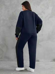 EURMUSE Sudadera y pantalón de chándal con bloqueo de color y gráfico de letra de algodón - Azul Marino - Ver 2