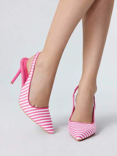 Kawaii Tacones de aguja elegantes y cómodos de uso diario, para fiesta y trabajo, con puntera puntiaguda y estampado de rayas rosa y blanco, de estilo femenino y dulce para mujeres
