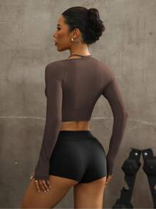 Yoga Sxy 无缝拇指孔短款运动长袖T恤修身衬衫 - 咖啡棕 - 查看 2