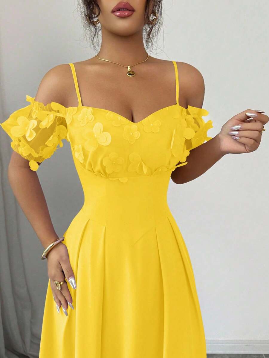 Elenzga Váy dạ hội chữ A sang trọng cổ điển thanh lịch, tay bồng cánh bướm, lưới 3D màu tím, eo khoét sâu, dây mảnh - Màu vàng - Xem 1