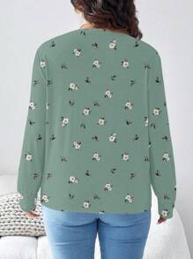 SHEIN LUNE Plus Size Women Loose Floral Print Round Neck Long Sleeve T-Shirt For Autumn & Winter - Green - View 2