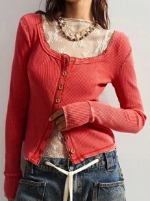 Bohemela 女式休闲纯色纽扣前长袖 T 恤 - 紅色 - 查看 7