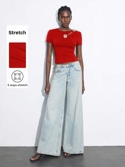 Maija 女士金属3D花朵装饰镂空短袖T恤节日夏季优雅知性女性婚礼嘉宾美丽法式休闲高端知性优雅老钱风格度假装