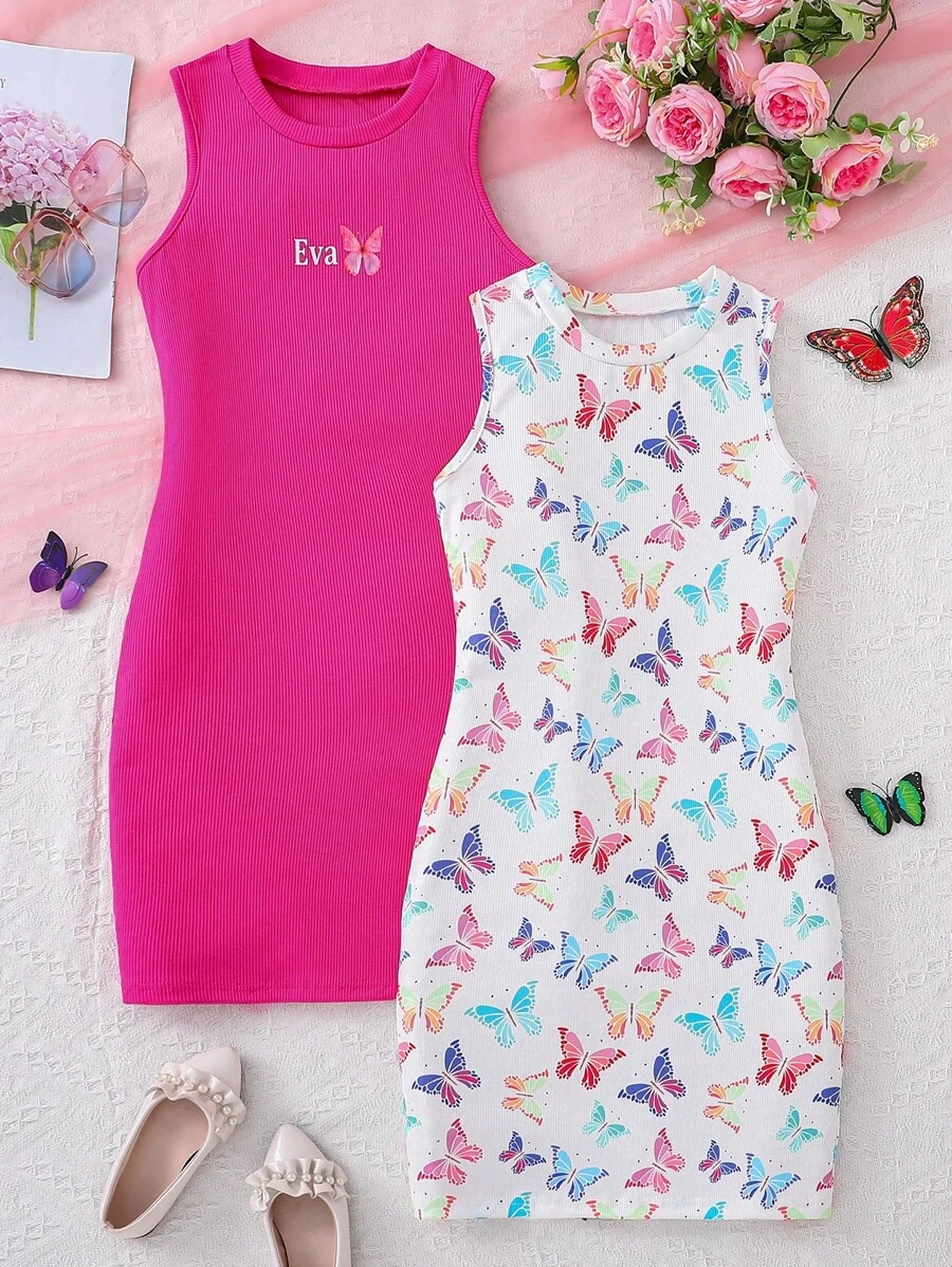 Sparklyn 2pcs Tween Girl Summer Casual Butterfly Print Sleeveless Fitted Dress - Multicolor - View 1