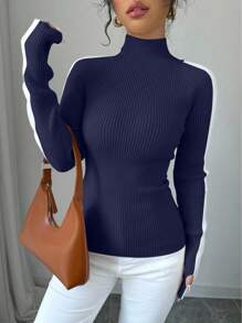 SHEIN Raffinéa Color Block Stand Collar Minimalist Knit Sweater Knit Pullover Fall Winter - Navy Blue - View 6